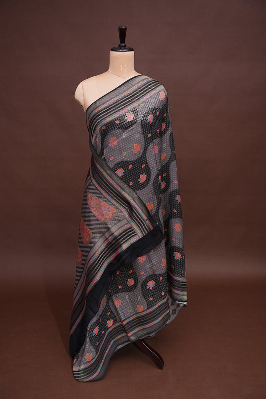 Kashmiri Pashmina Mellow Tissue Saree - Black