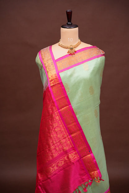 Mangalgiri Kuppadam Pattu Saree - Pistachio & Pink