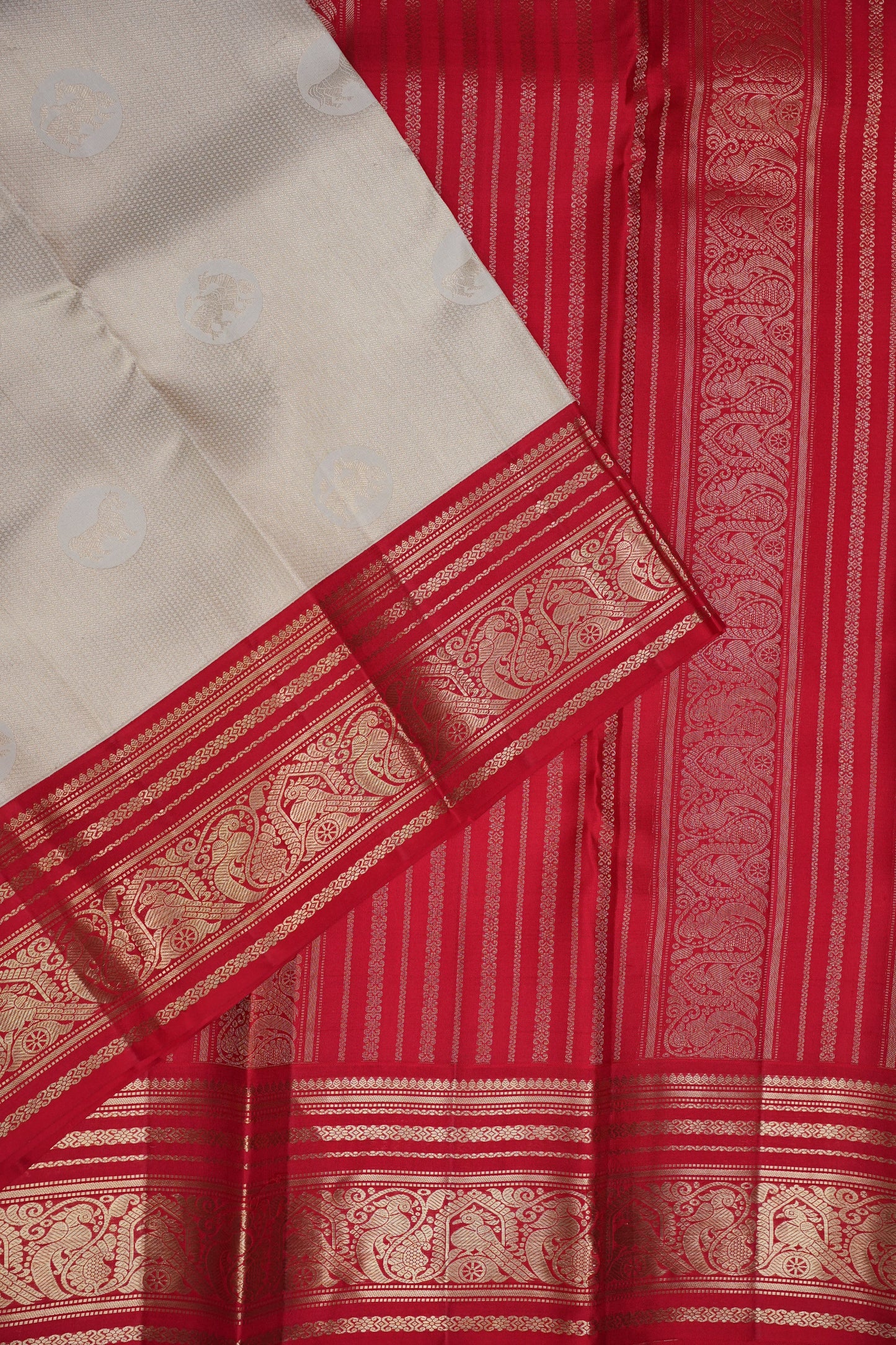 Ivory White & Deep Red Pure Kanchipuram Silk Saree | Silk Mark Certified
