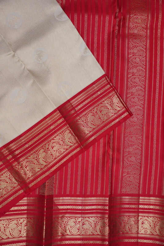 Ivory White & Deep Red Pure Kanchipuram Silk Saree | Silk Mark Certified