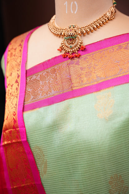 Mangalgiri Kuppadam Pattu Saree - Pistachio & Pink