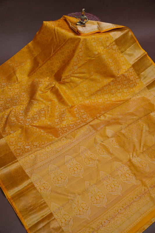 Mustard Yellow Pure Kanchivaram Silk Brocade Saree|Silk Mark Certified.