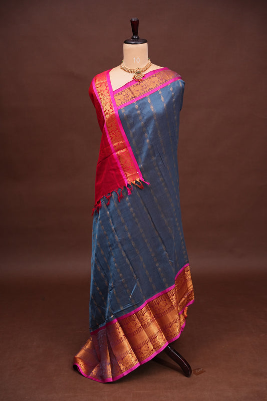 Mangalgiri Kuppadam Pattu Saree - Grey & Pink