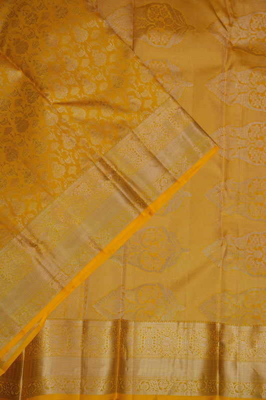 Mustard Yellow Pure Kanchivaram Silk Brocade Saree|Silk Mark Certified.