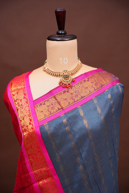 Mangalgiri Kuppadam Pattu Saree - Grey & Pink