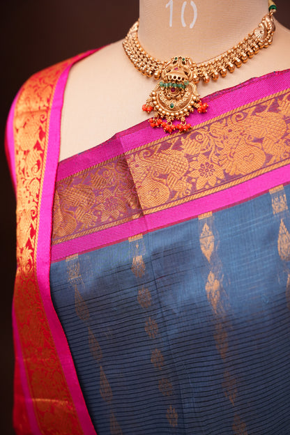Mangalgiri Kuppadam Pattu Saree - Grey & Pink