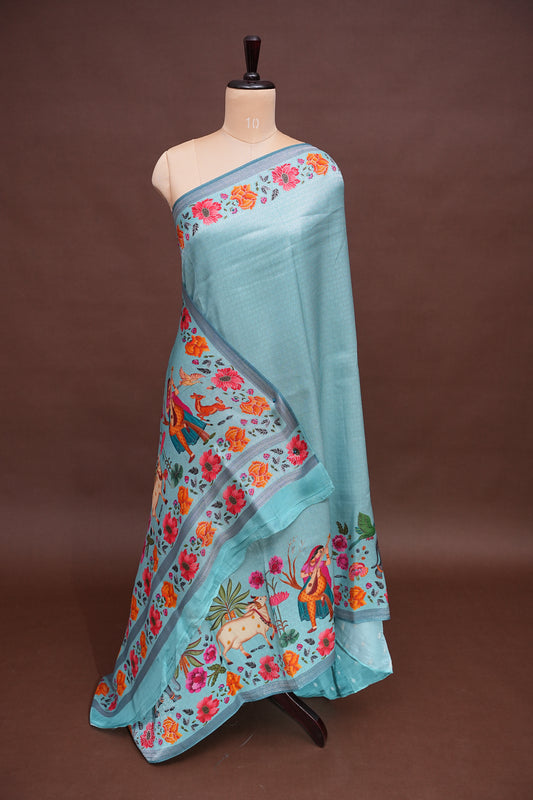 Kashmiri Pashmina Mellow Tissue Saree - Aqua Blue