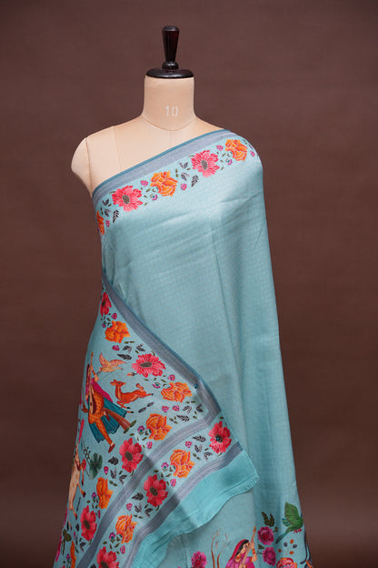 Kashmiri Pashmina Mellow Tissue Saree - Aqua Blue