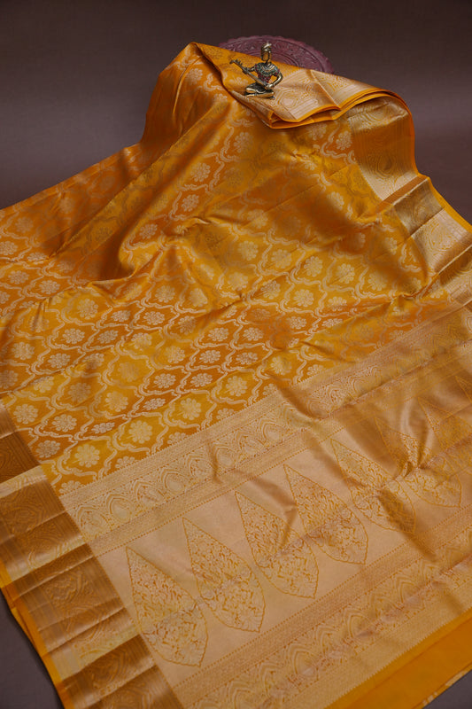 Mustard Gold Pure Kanchivaram Silk Saree|Silk Mark Certified.