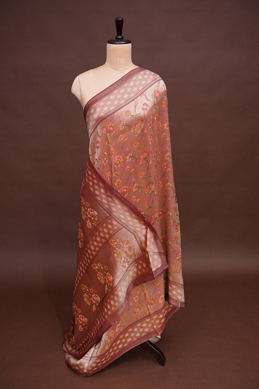 Pure Mellow Tissue Silk Saree with Floral Patterns - Rosewood Brown
