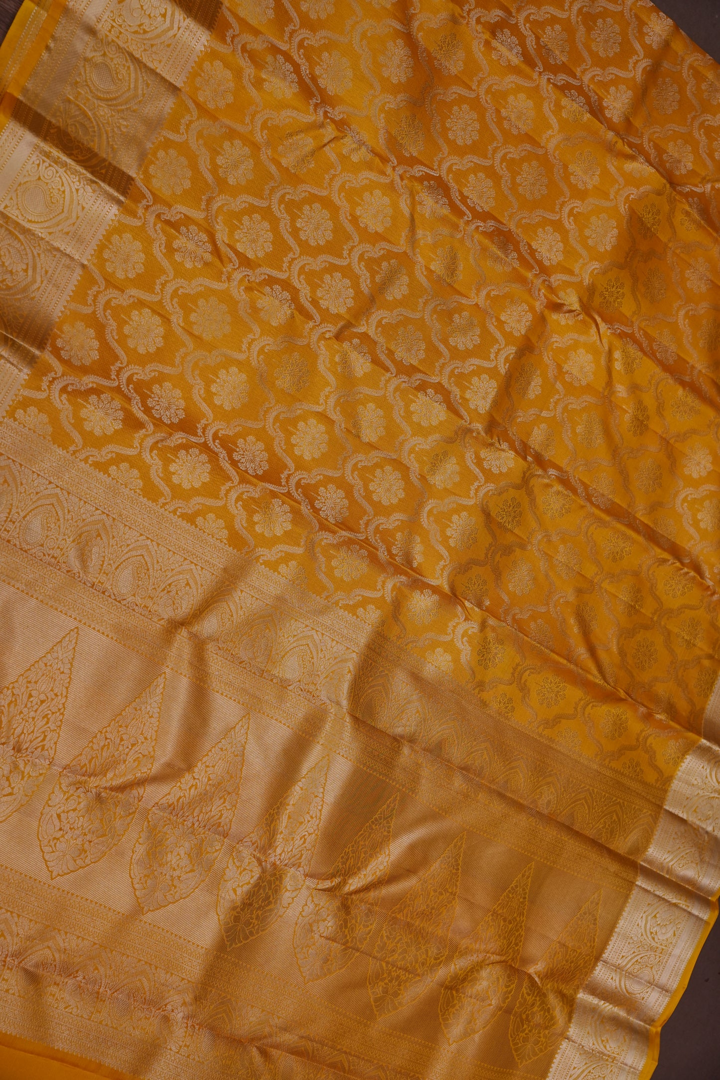 Mustard Gold Pure Kanchivaram Silk Saree|Silk Mark Certified.