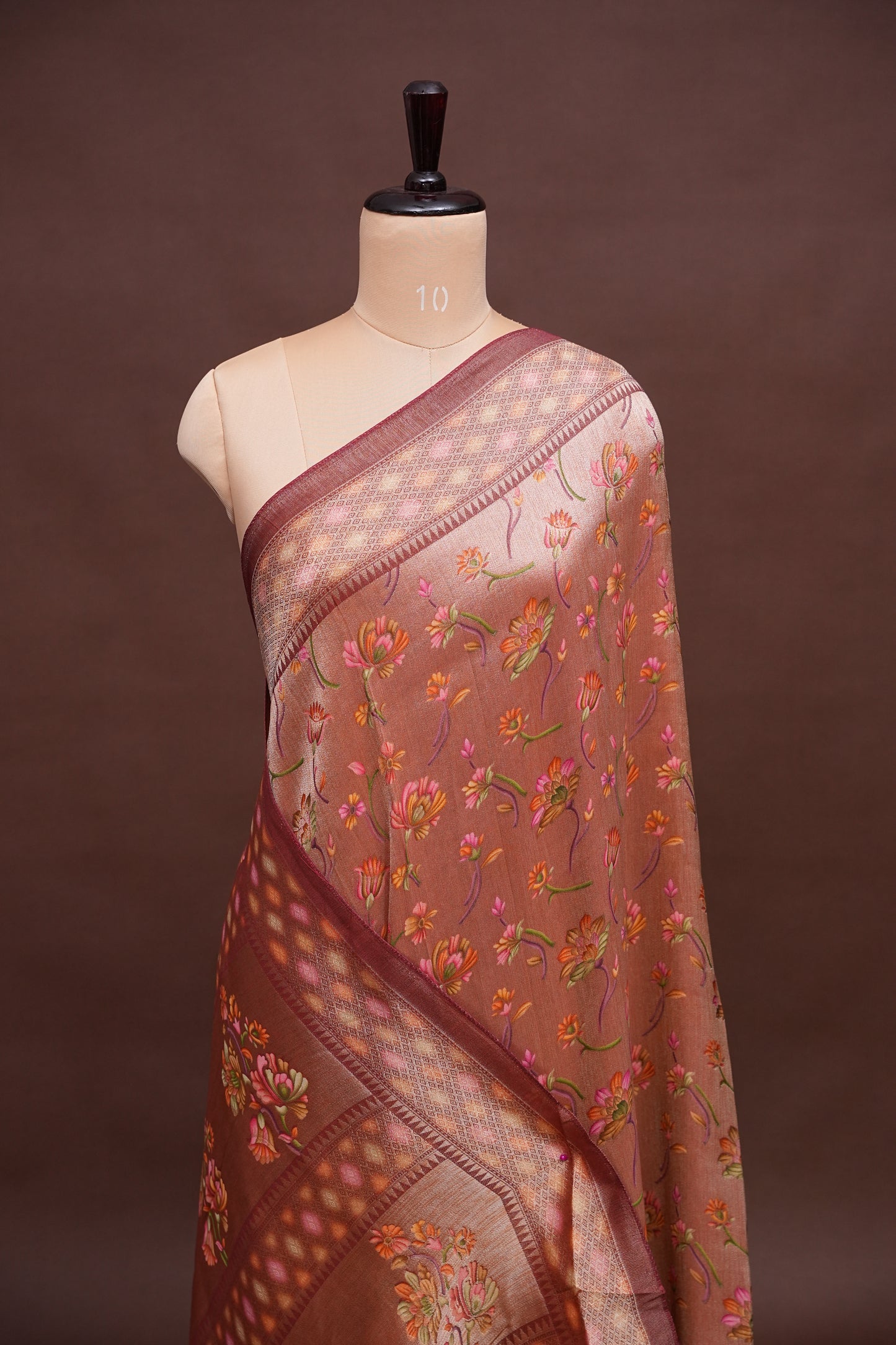 Pure Mellow Tissue Silk Saree with Floral Patterns - Rosewood Brown