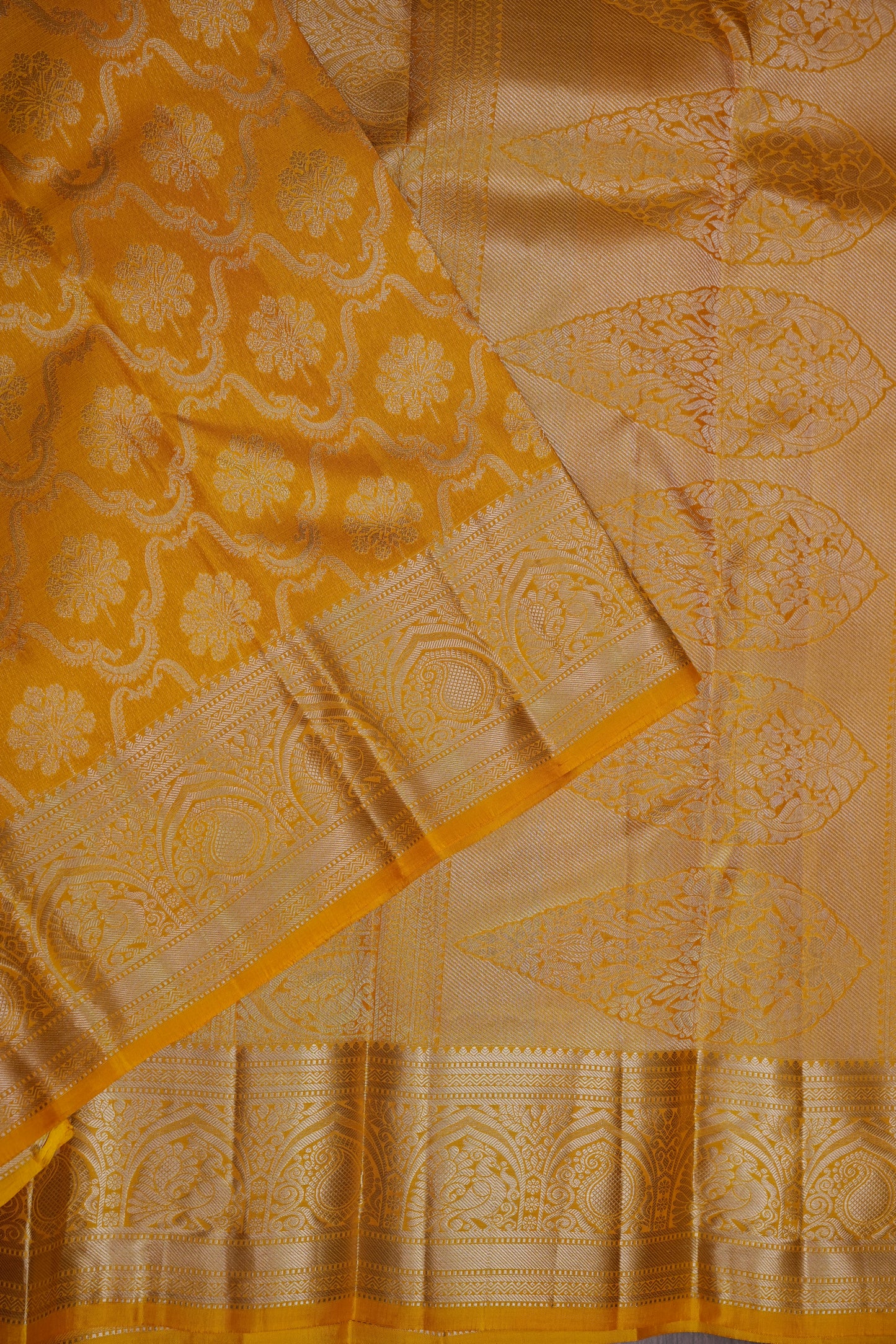 Mustard Gold Pure Kanchivaram Silk Saree|Silk Mark Certified.