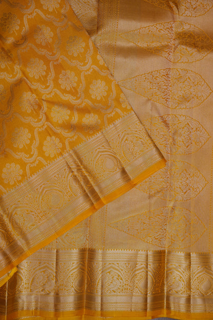 Mustard Gold Pure Kanchivaram Silk Saree|Silk Mark Certified.