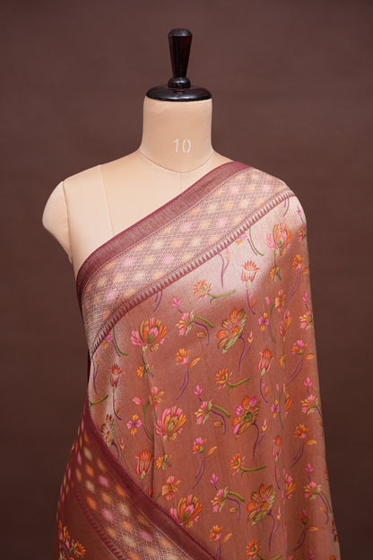 Pure Mellow Tissue Silk Saree with Floral Patterns - Rosewood Brown