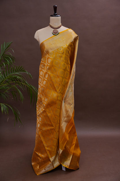 Mustard Gold Pure Kanchivaram Silk Saree|Silk Mark Certified.
