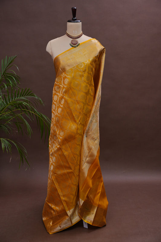 Mustard Gold Pure Kanchivaram Silk Saree|Silk Mark Certified.