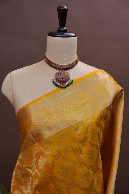 Mustard Gold Pure Kanchivaram Silk Saree|Silk Mark Certified.