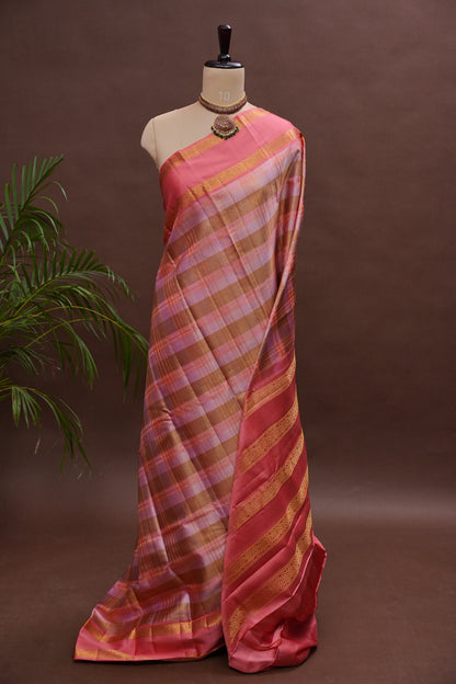Peach Pink Checked Pure Kanchipuram Silk Saree | Silk Mark Certified