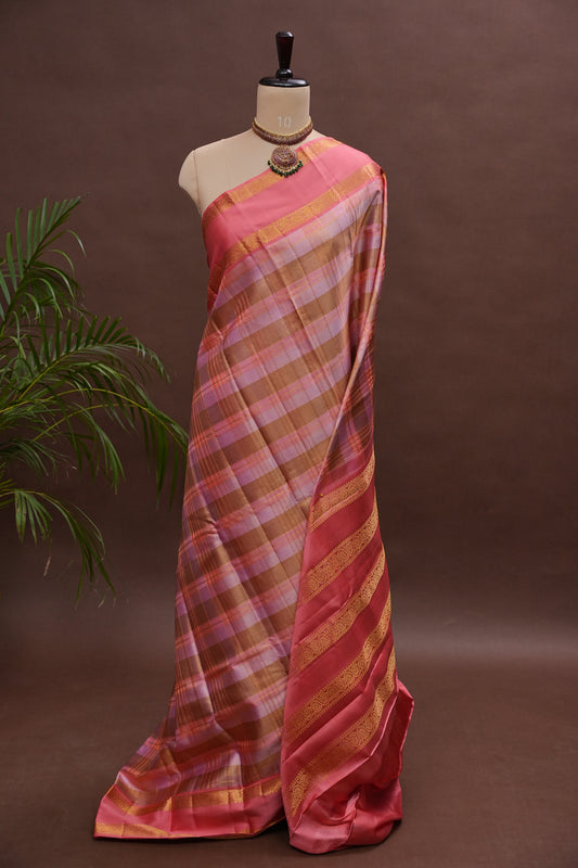 Peach Pink Checked Pure Kanchipuram Silk Saree | Silk Mark Certified