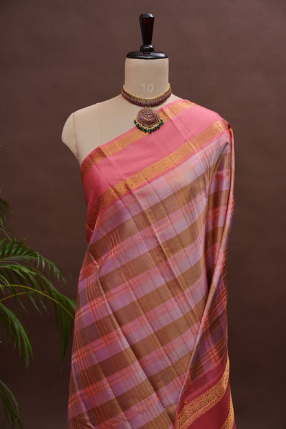 Peach Pink Checked Pure Kanchipuram Silk Saree | Silk Mark Certified