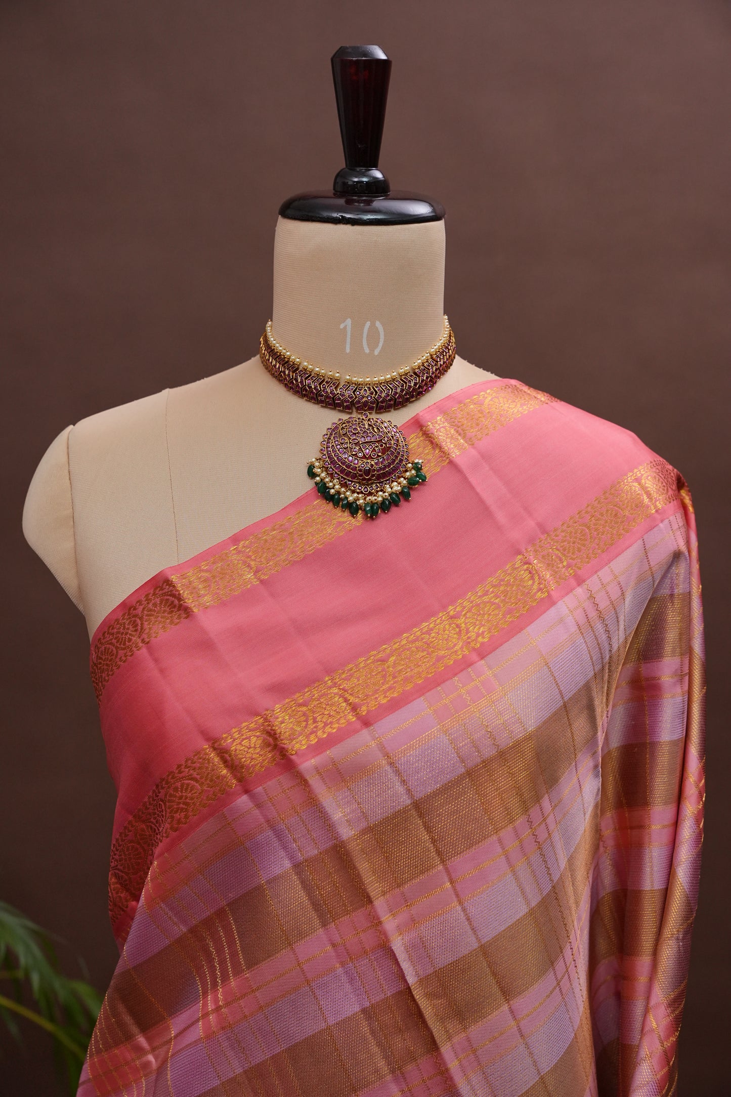 Peach Pink Checked Pure Kanchipuram Silk Saree | Silk Mark Certified