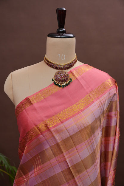 Peach Pink Checked Pure Kanchipuram Silk Saree | Silk Mark Certified