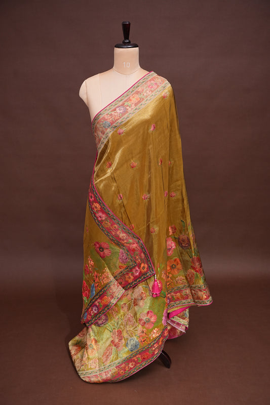 Kashmiri Pashmina Mellow Tissue Saree - Mustard Gold