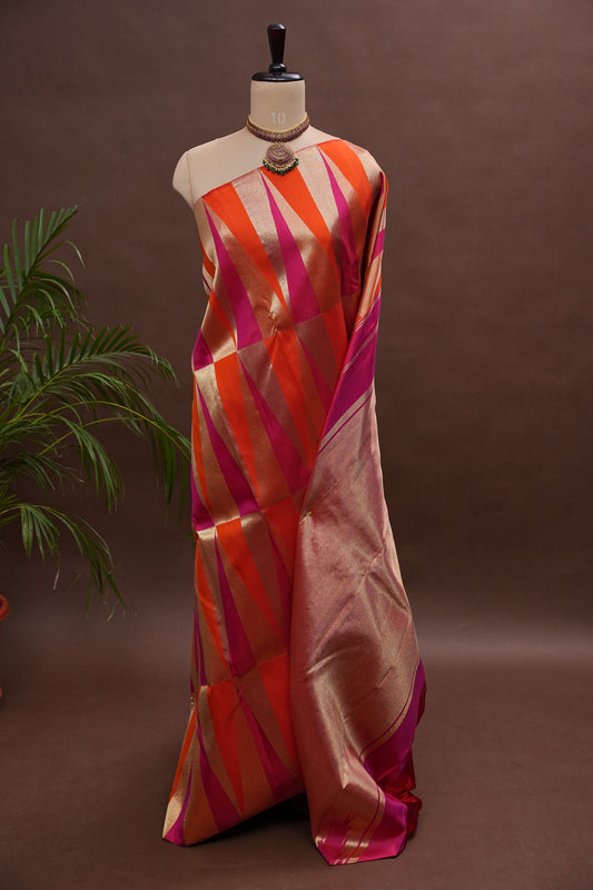 Hot Pink & Vermilion Orange Pure Kanchipuram Silk Saree | Silk Mark Certified