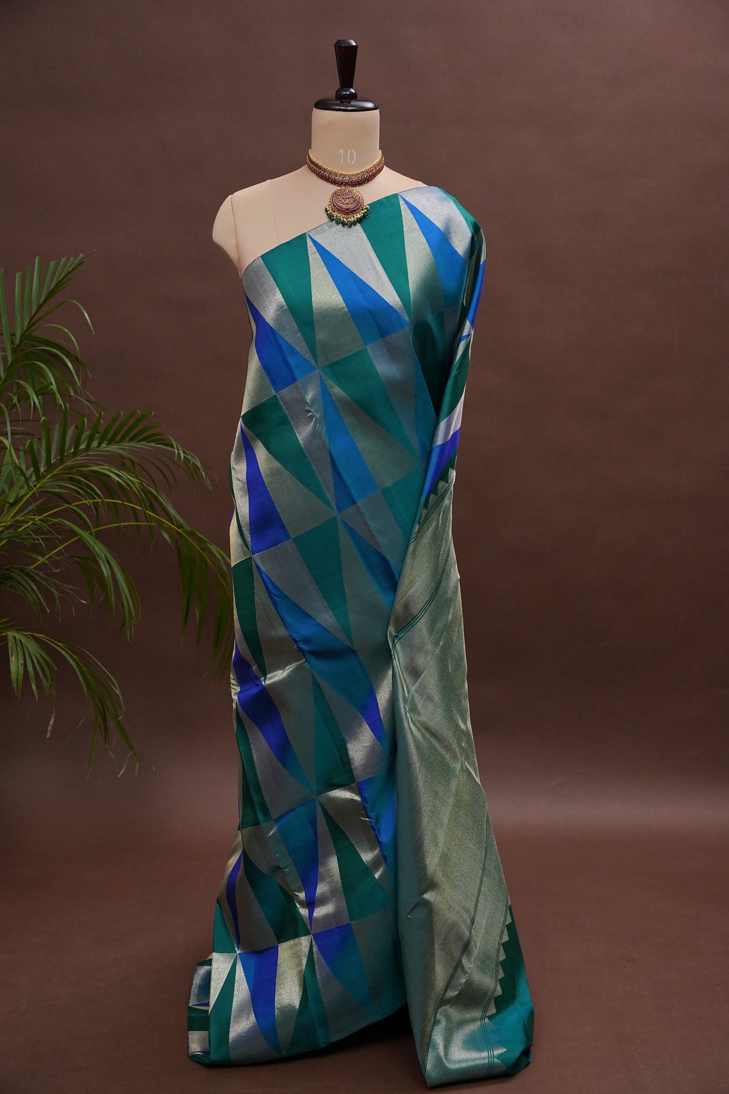 Teal Green & Royal Blue Geometric Pure Kanchipuram Silk Saree | Silk Mark Certified