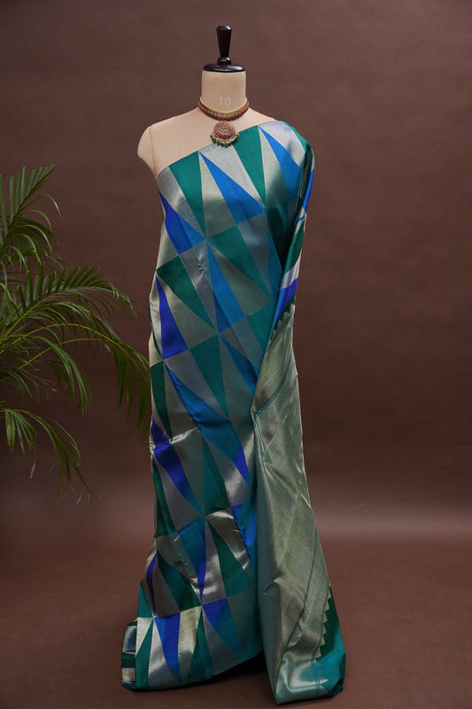Teal Green & Royal Blue Geometric Pure Kanchipuram Silk Saree | Silk Mark Certified