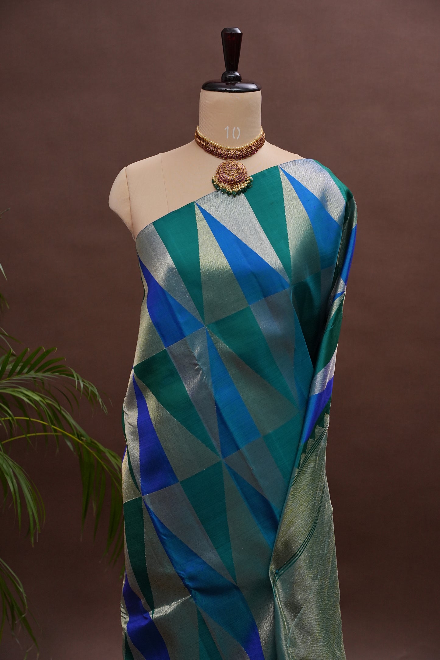 Teal Green & Royal Blue Geometric Pure Kanchipuram Silk Saree | Silk Mark Certified