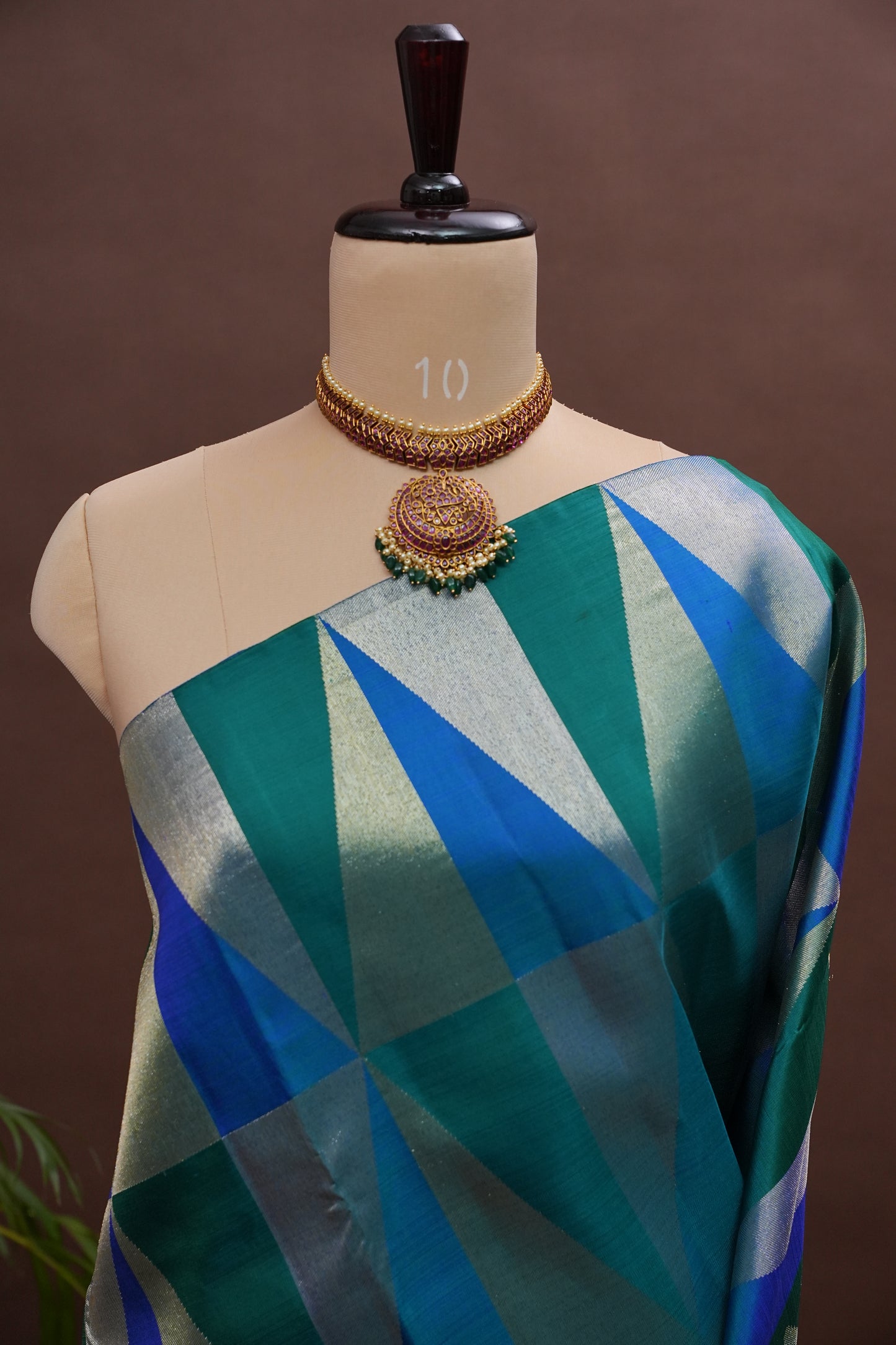 Teal Green & Royal Blue Geometric Pure Kanchipuram Silk Saree | Silk Mark Certified