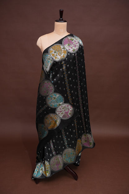 Tussar Banarasi Raw Silk Saree with Multicolour Floral Paithani & Shikargah Border – Black