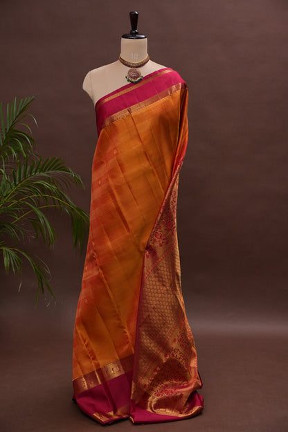Mustard Gold & Deep Red Pure Kanchipuram Silk Saree | Silk Mark Certified