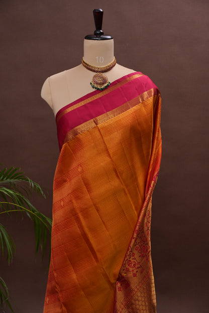 Mustard Gold & Deep Red Pure Kanchipuram Silk Saree | Silk Mark Certified