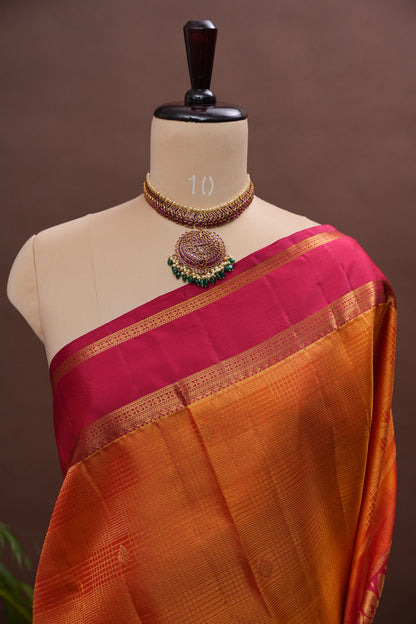 Mustard Gold & Deep Red Pure Kanchipuram Silk Saree | Silk Mark Certified