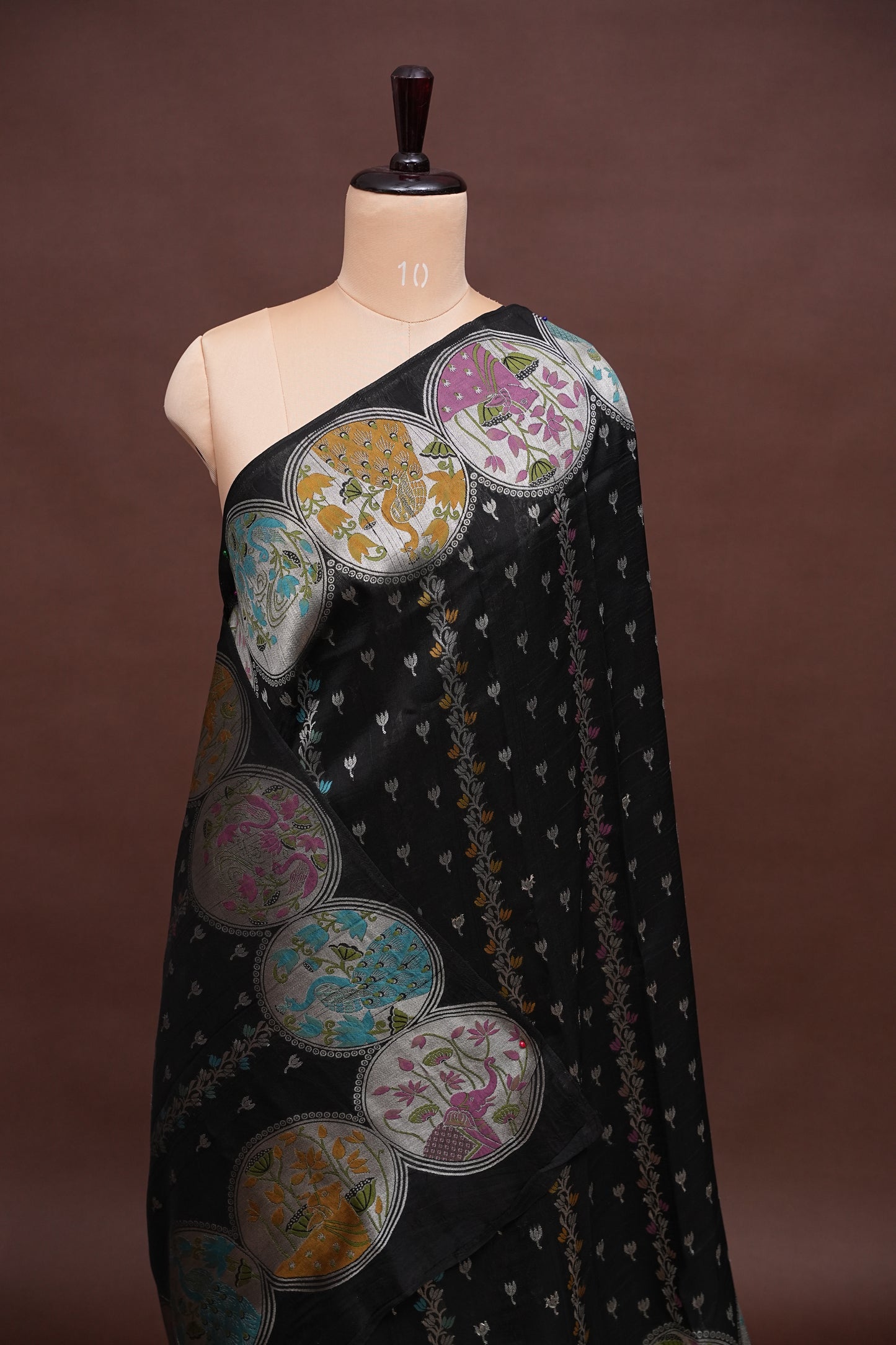 Tussar Banarasi Raw Silk Saree with Multicolour Floral Paithani & Shikargah Border – Black