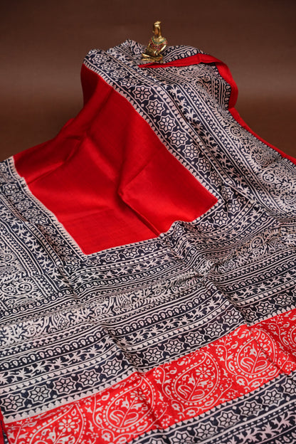 Purely Handpainted Classic On Pure Tussar Silk Saree-Red & Black|Silk Mark Certified