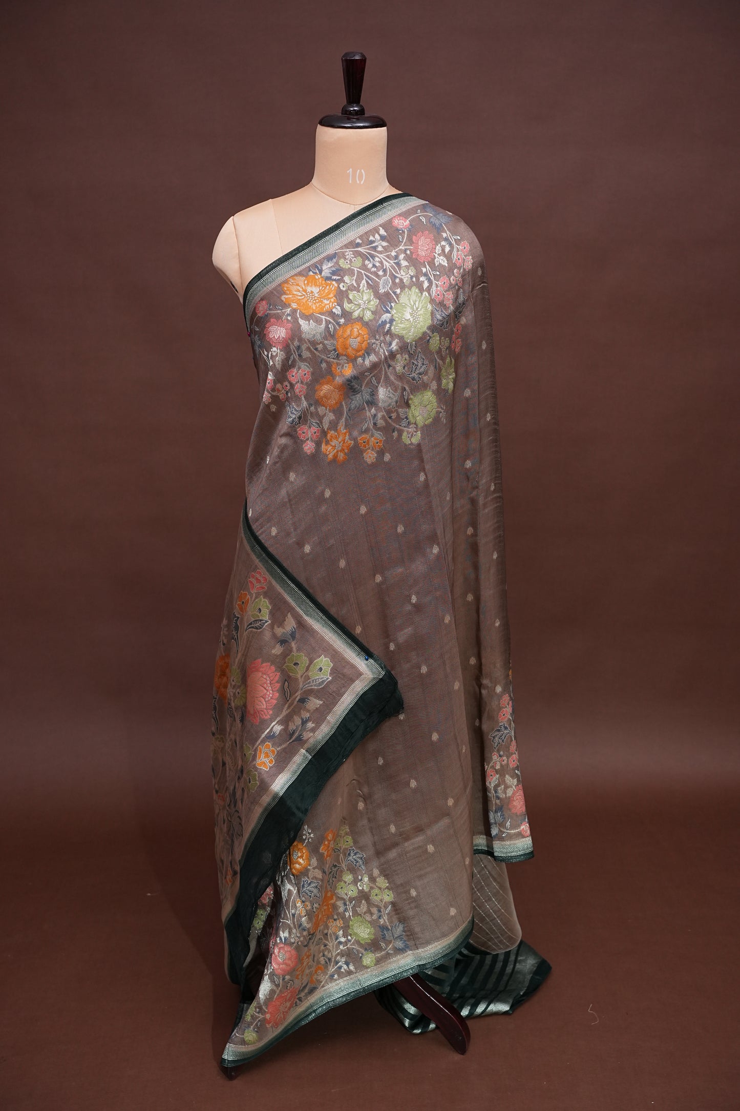 Tussar Banarasi Raw Silk Saree with Floral Digital Prints - Charcoal Grey