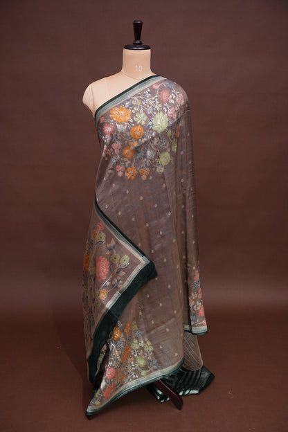 Tussar Banarasi Raw Silk Saree with Floral Digital Prints - Charcoal Grey