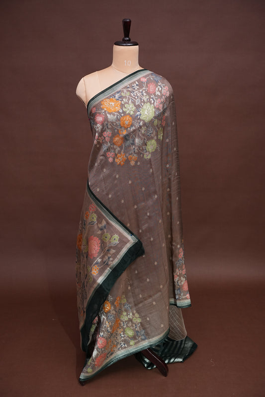 Tussar Banarasi Raw Silk Saree with Floral Digital Prints - Charcoal Grey