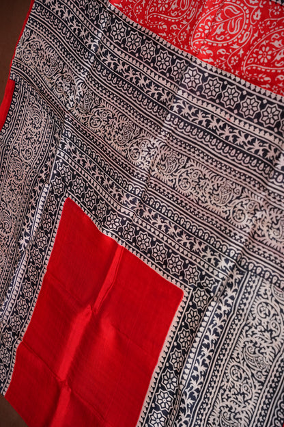 Purely Handpainted Classic On Pure Tussar Silk Saree-Red & Black|Silk Mark Certified
