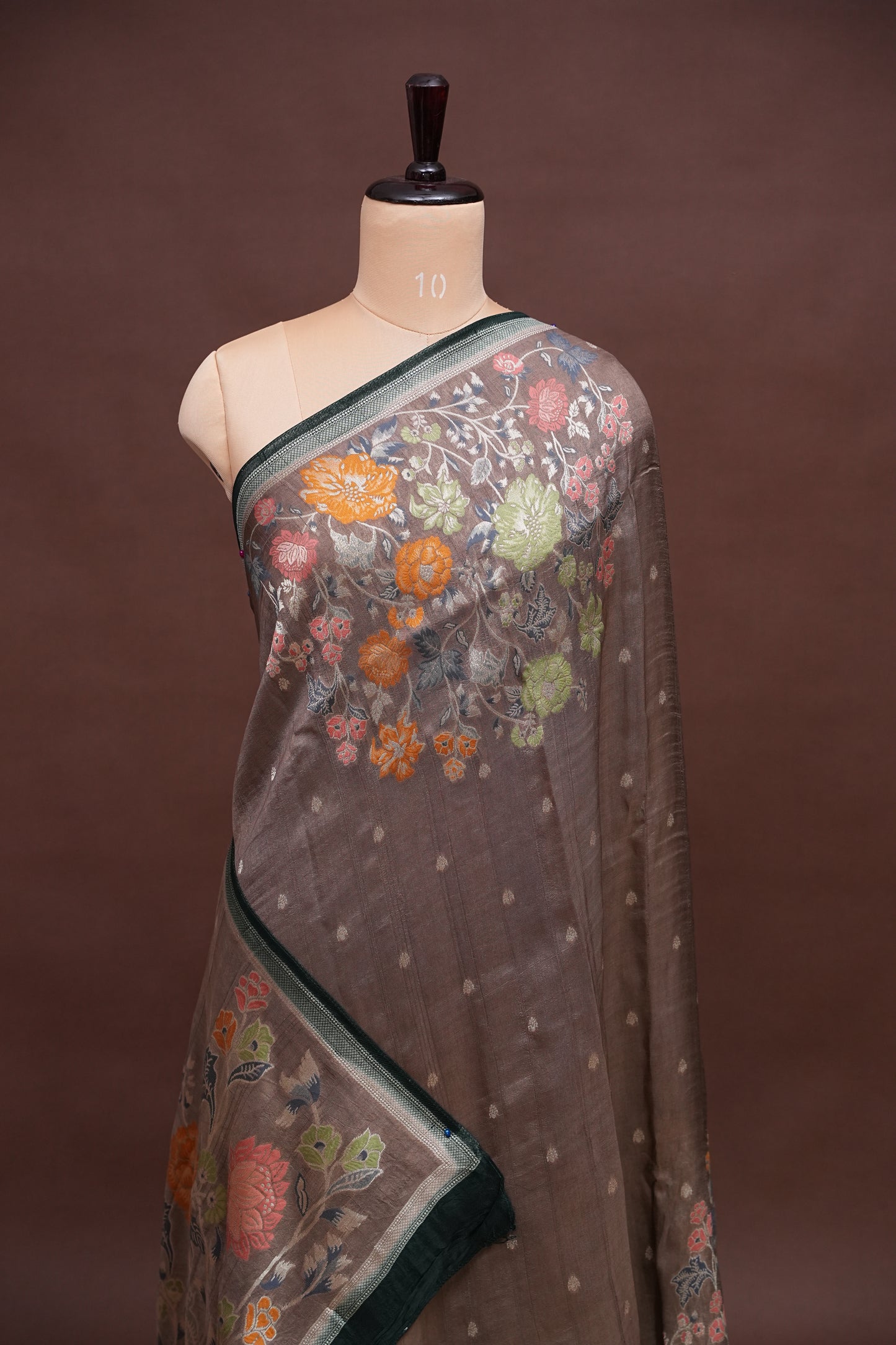 Tussar Banarasi Raw Silk Saree with Floral Digital Prints - Charcoal Grey