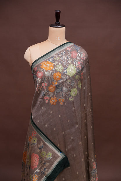 Tussar Banarasi Raw Silk Saree with Floral Digital Prints - Charcoal Grey