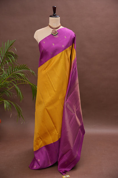 Mustard Yellow & Magenta Pure Kanchipuram Silk Saree | Silk Mark Certified