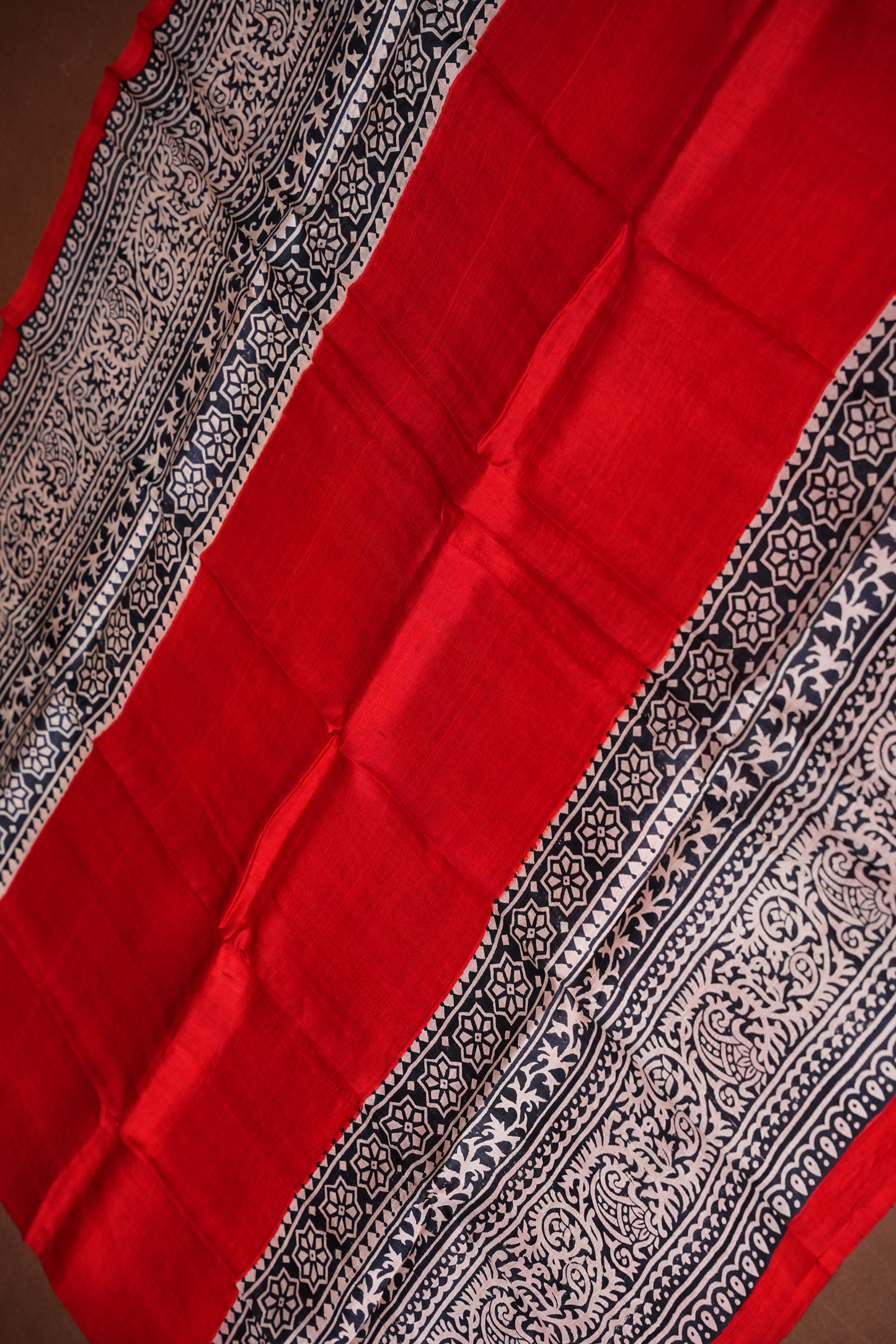 Purely Handpainted Classic On Pure Tussar Silk Saree-Red & Black|Silk Mark Certified