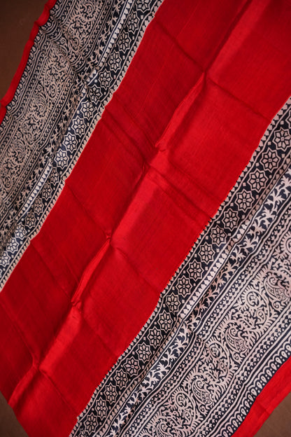 Purely Handpainted Classic On Pure Tussar Silk Saree-Red & Black|Silk Mark Certified