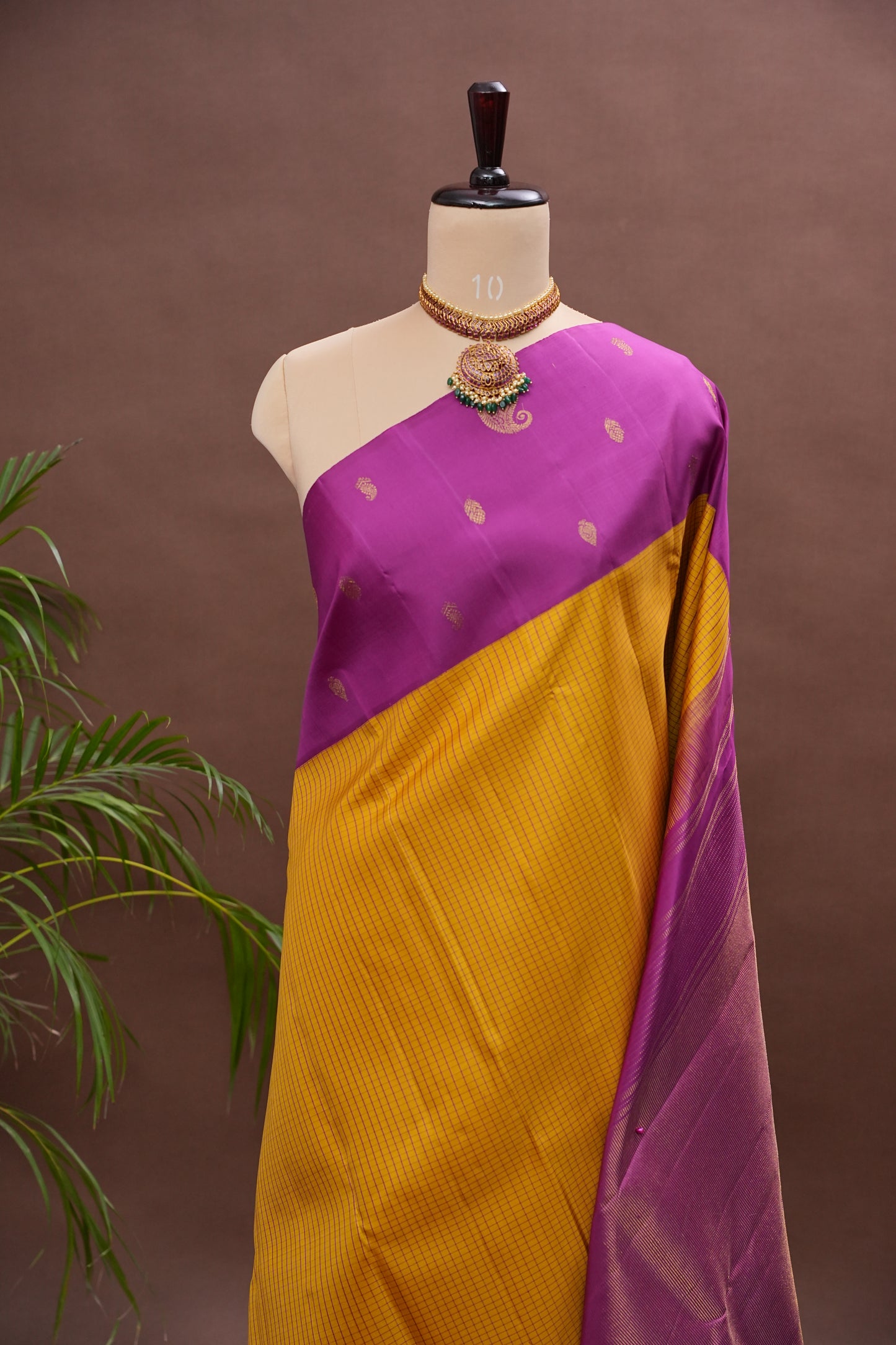 Mustard Yellow & Magenta Pure Kanchipuram Silk Saree | Silk Mark Certified