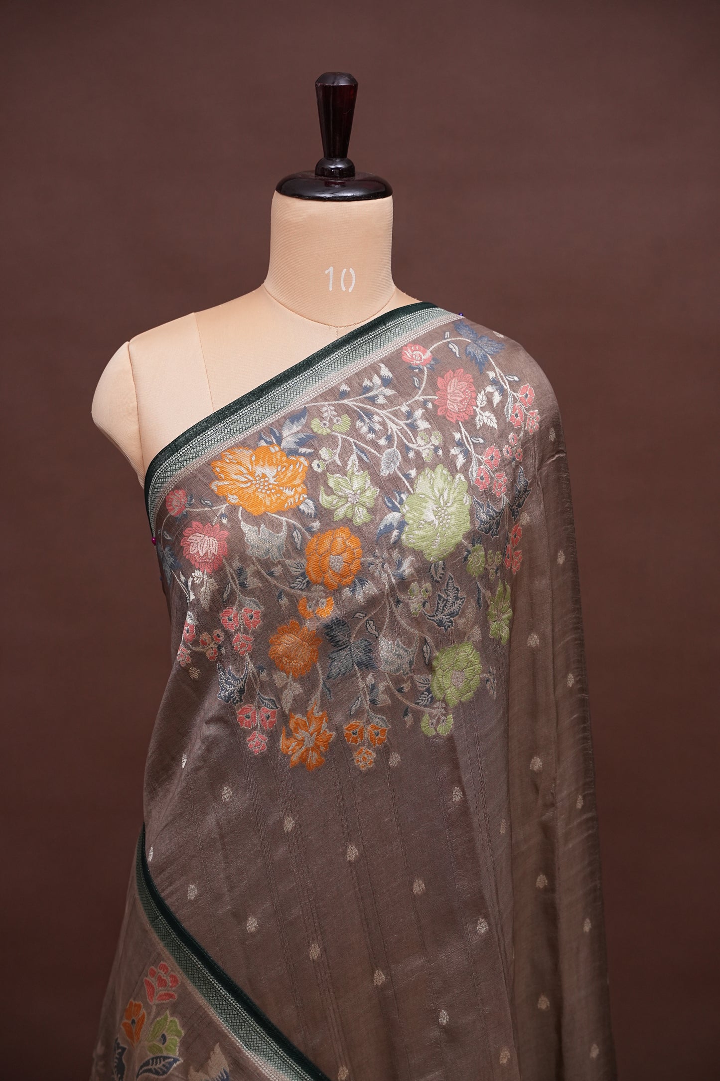 Tussar Banarasi Raw Silk Saree with Floral Digital Prints - Charcoal Grey
